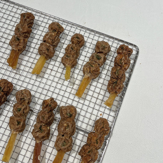 Chicken and duck teething skewers